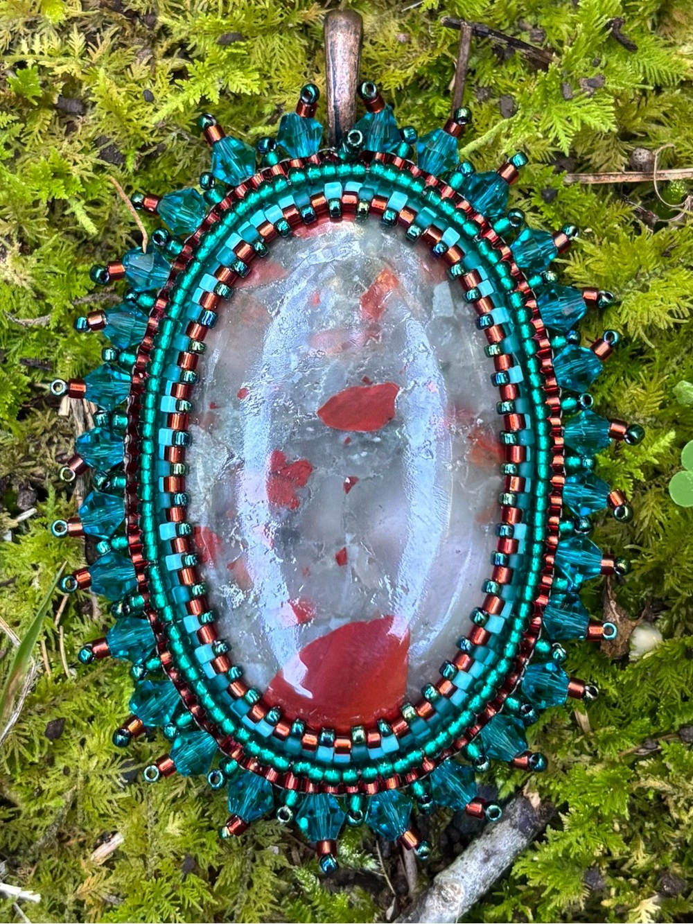 Large Handmade Bead Embroidered Bloodstone Pendant